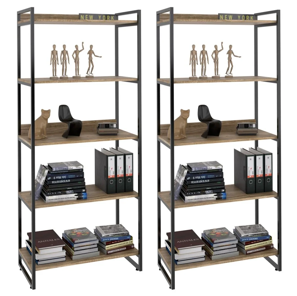 Kit 2 Estantes Livreiro Prisma Estilo Industrial 80cm 5 Prateleiras C08 Carvalho - Mpozenato