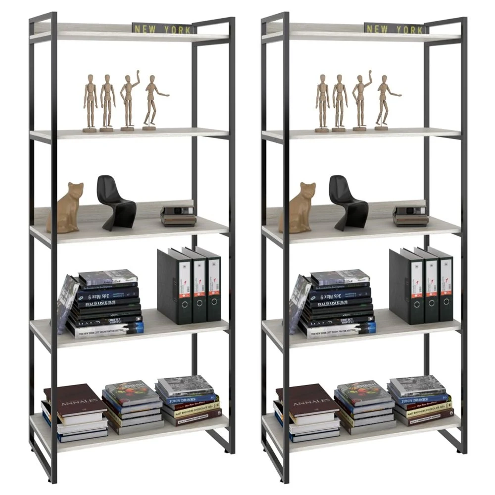 Kit 2 Estantes Livreiro Prisma Estilo Industrial 80cm 5 Prateleiras C08 Snow - Mpozenato