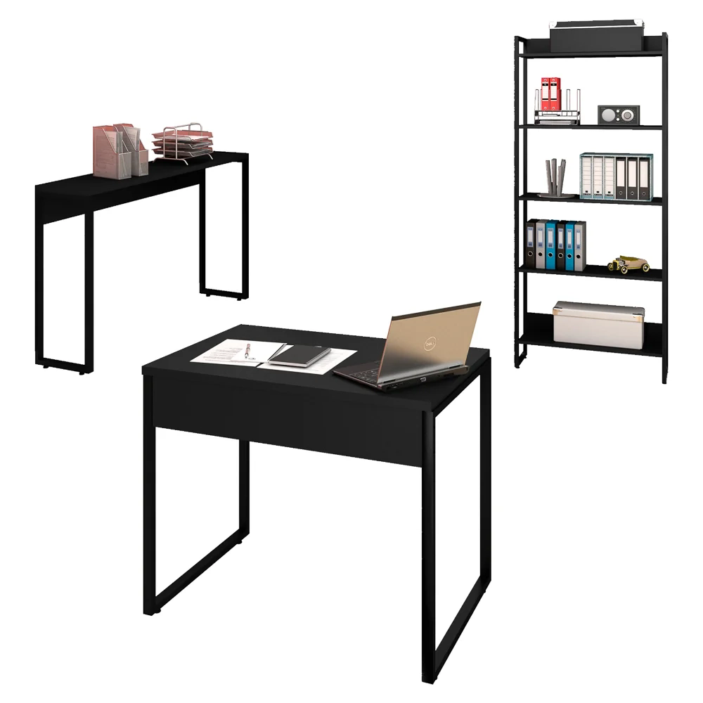Conjunto Escritório Mesa 90 Aparador e Estante Studio Industrial Z28 Preto - Mpozenato