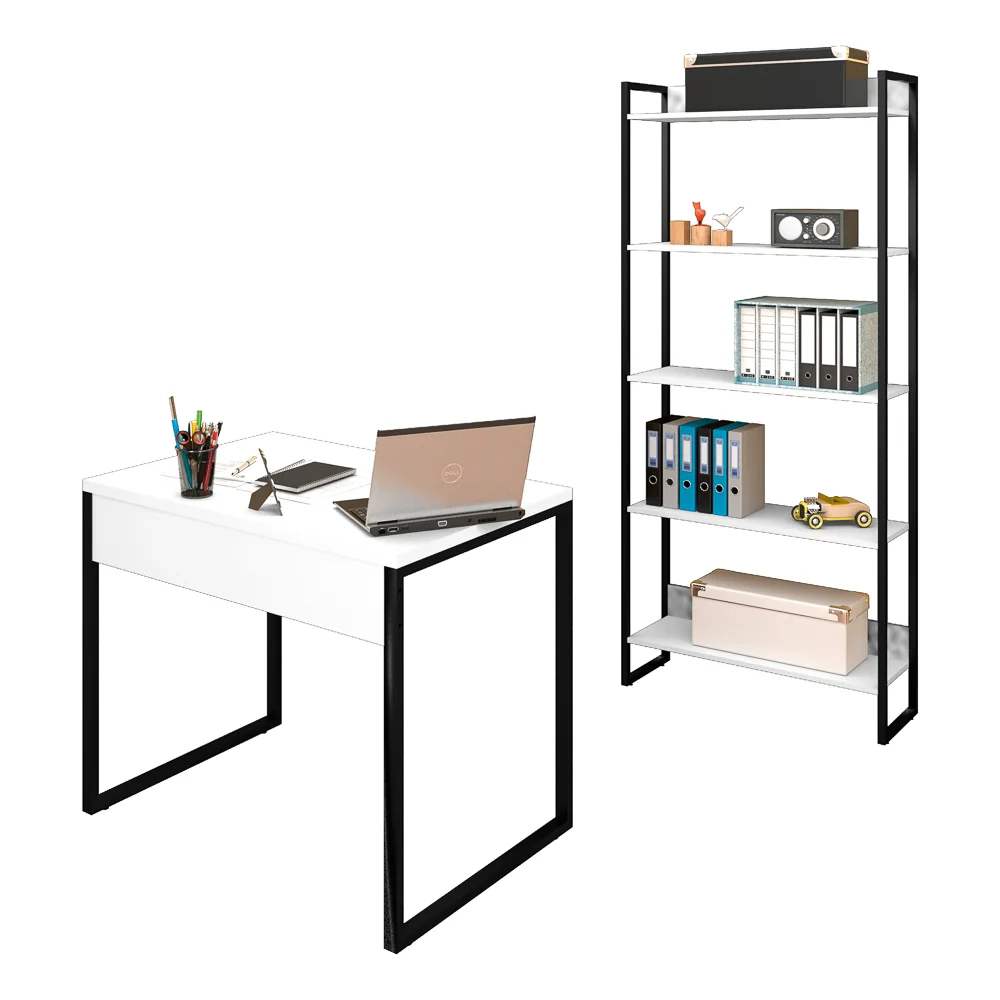 Conjunto Escritório Mesa 90 e Estante Studio Industrial Z28 Branco - Mpozenato
