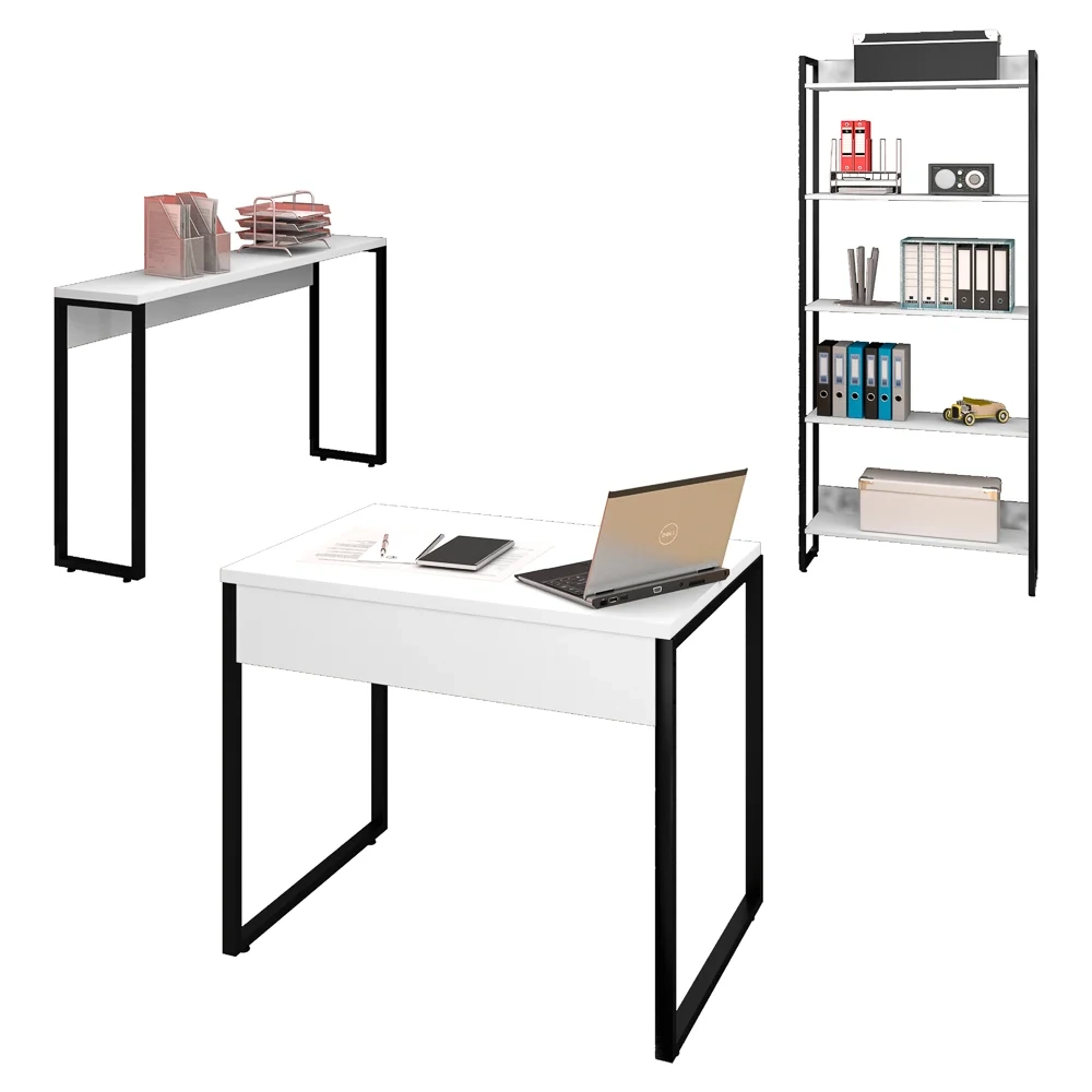 Conjunto Escritório Mesa 90 Aparador e Estante Studio Industrial Z28 Branco- Mpozenato
