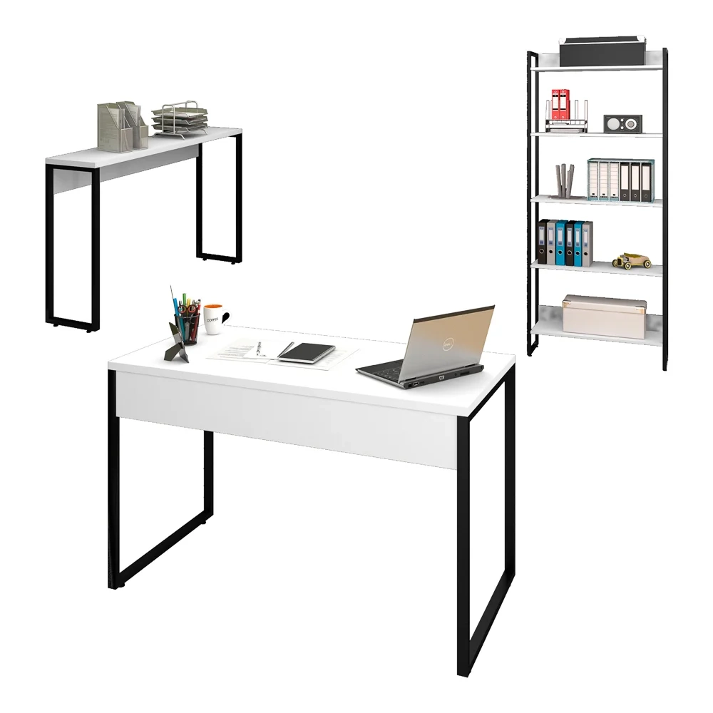 Conjunto Escritório Mesa 120 Aparador e Estante Studio Industrial Z28 Branco - Mpozenato