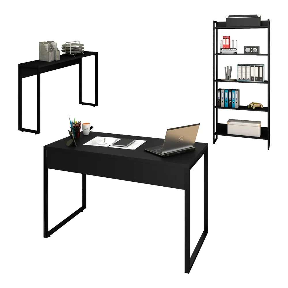 Conjunto Escritório Mesa 120 Aparador e Estante Studio Industrial Z28 Preto - Mpozenato