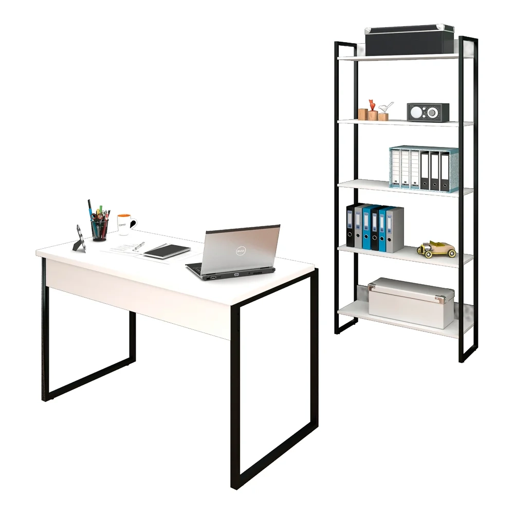 Conjunto Escritório Mesa 120 e Estante Studio Industrial Z28 Branco - Mpozenato