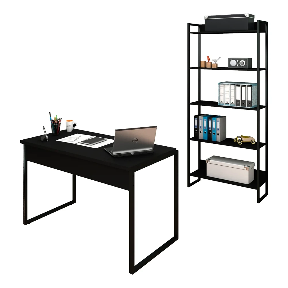 Conjunto Escritório Mesa 120 e Estante Studio Industrial Z28 Preto - Mpozenato
