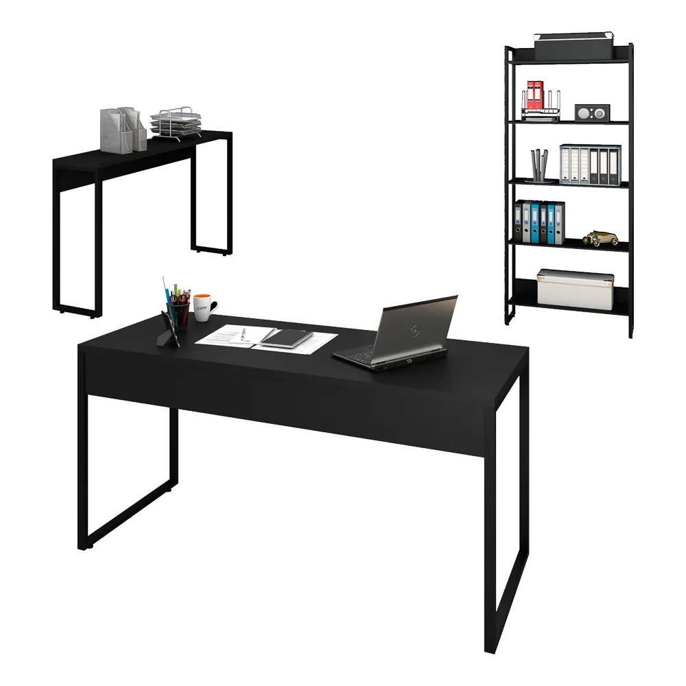 Conjunto Escritório Mesa 150 Aparador e Estante Studio Industrial Z28 Preto - Mpozenato