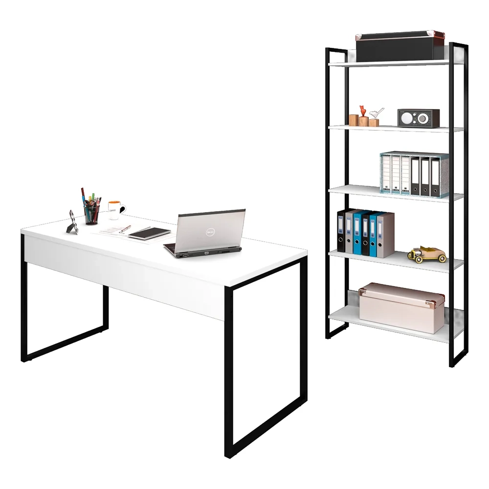 Conjunto Escritório Mesa 150 e Estante Studio Industrial Z28 Branco - Mpozenato