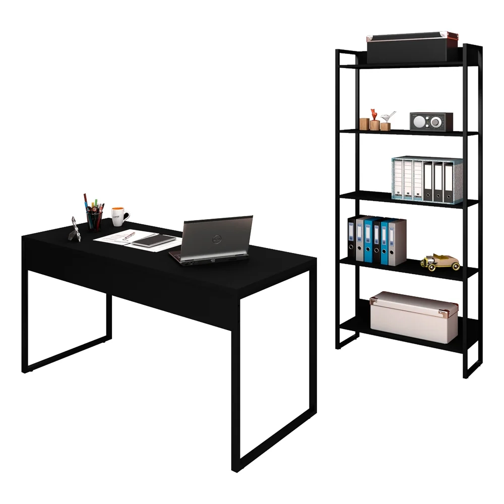 Conjunto Escritório Mesa 150 e Estante Studio Industrial Z28 Preto - Mpozenato