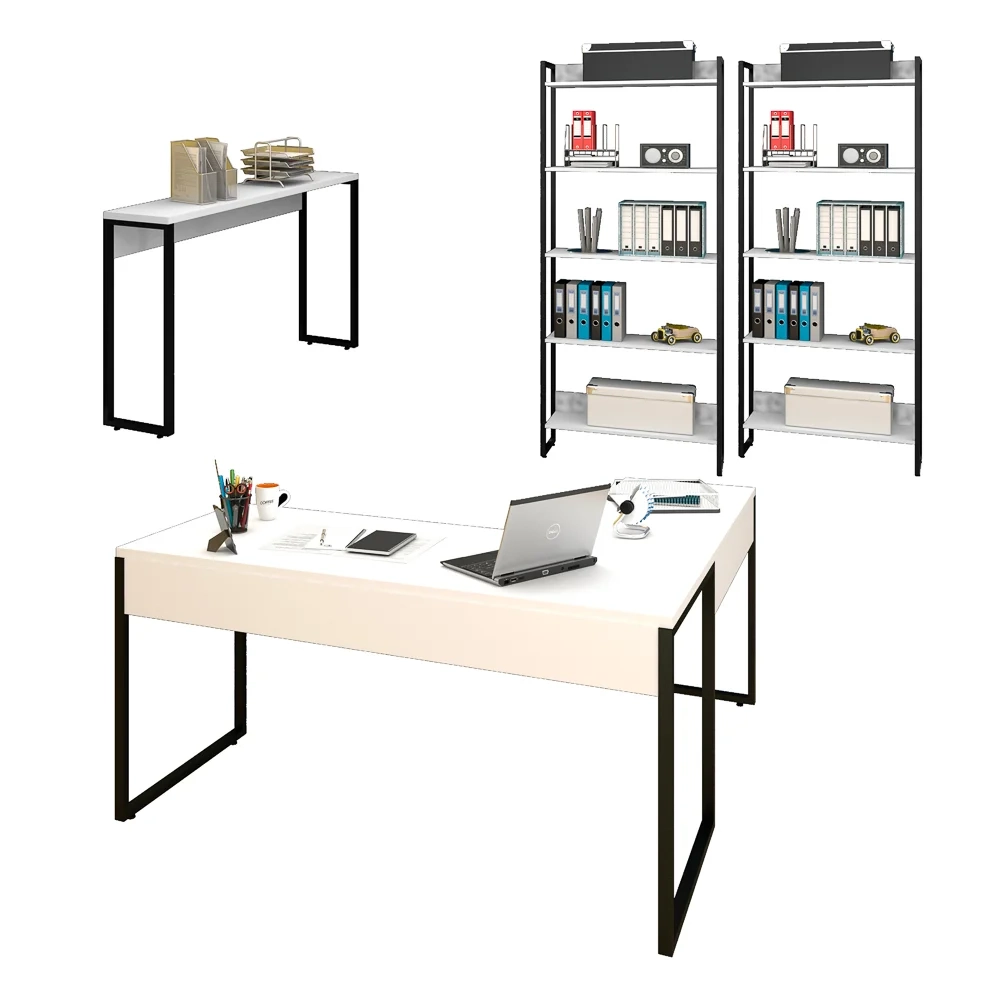 Conjunto Escritório Mesa em L Aparador e 2 Estantes Studio Industrial Z28 Branco - Mpozenato
