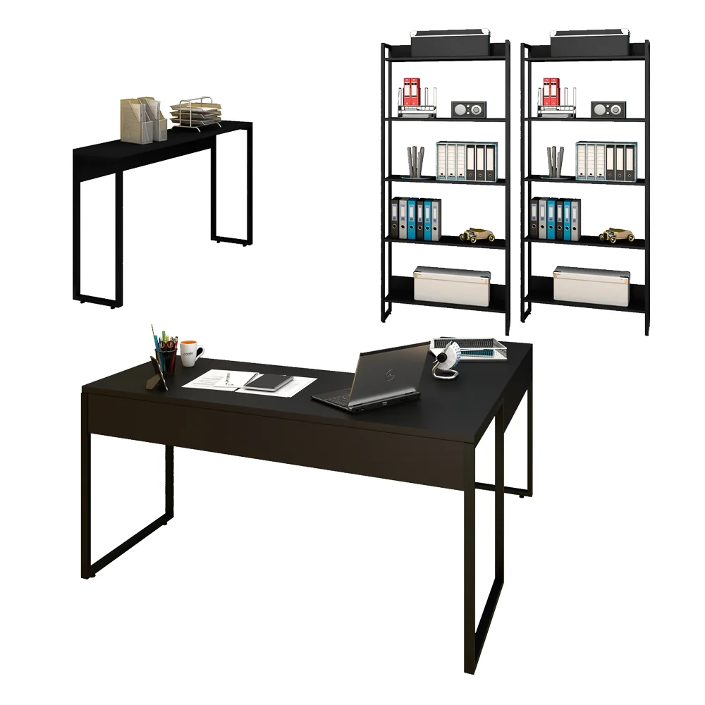 Conjunto Escritório Mesa em L Aparador e 2 Estantes Studio Industrial Z28 Preto - Mpozenato