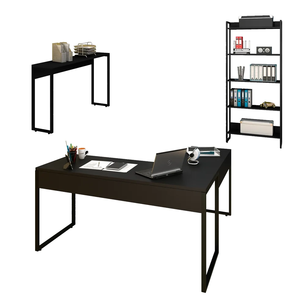 Conjunto Escritório 3 peças Mesa em L Estante e Aparador Studio Industrial Z28 Preto - Mpozenato