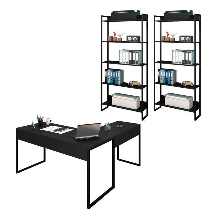 Conjunto Escritório 3 peças 1 Mesa em L e 2 Estantes Studio Industrial Z28 Preto - Mpozenato