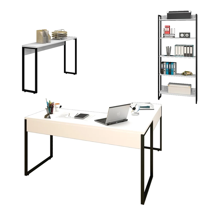 Conjunto Escritório 3 peças Mesa em L Estante e Aparador Studio Industrial Z28 Branco - Mpozenato