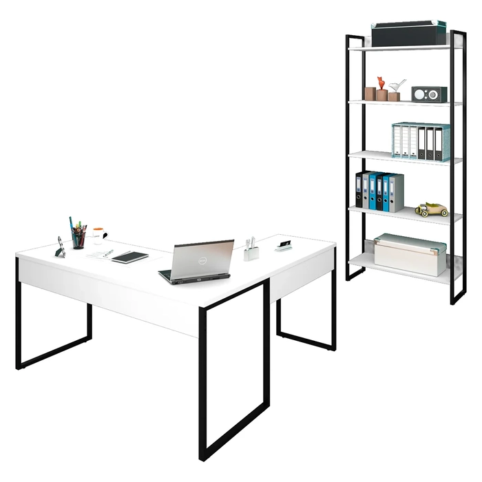 Mesa em L e Estante para Escritório Studio Industrial Z28 Branco - Mpozenato