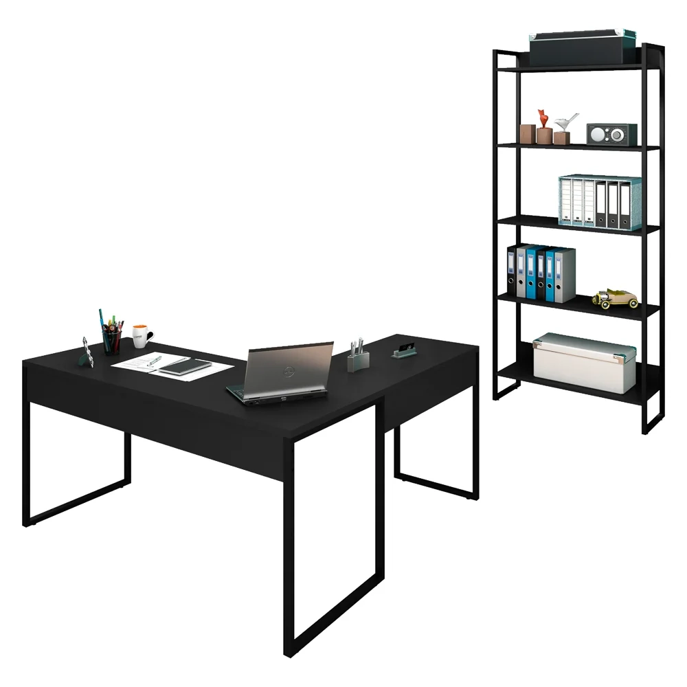 Mesa em L e Estante para Escritório Studio Industrial Z28 Preto - Mpozenato