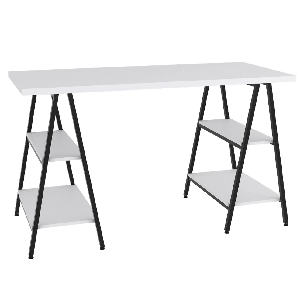 Mesa Escrivaninha Cavalete 135cm Estilo Industrial Prisma C08 Branco Chess/Preto - Mpozenato