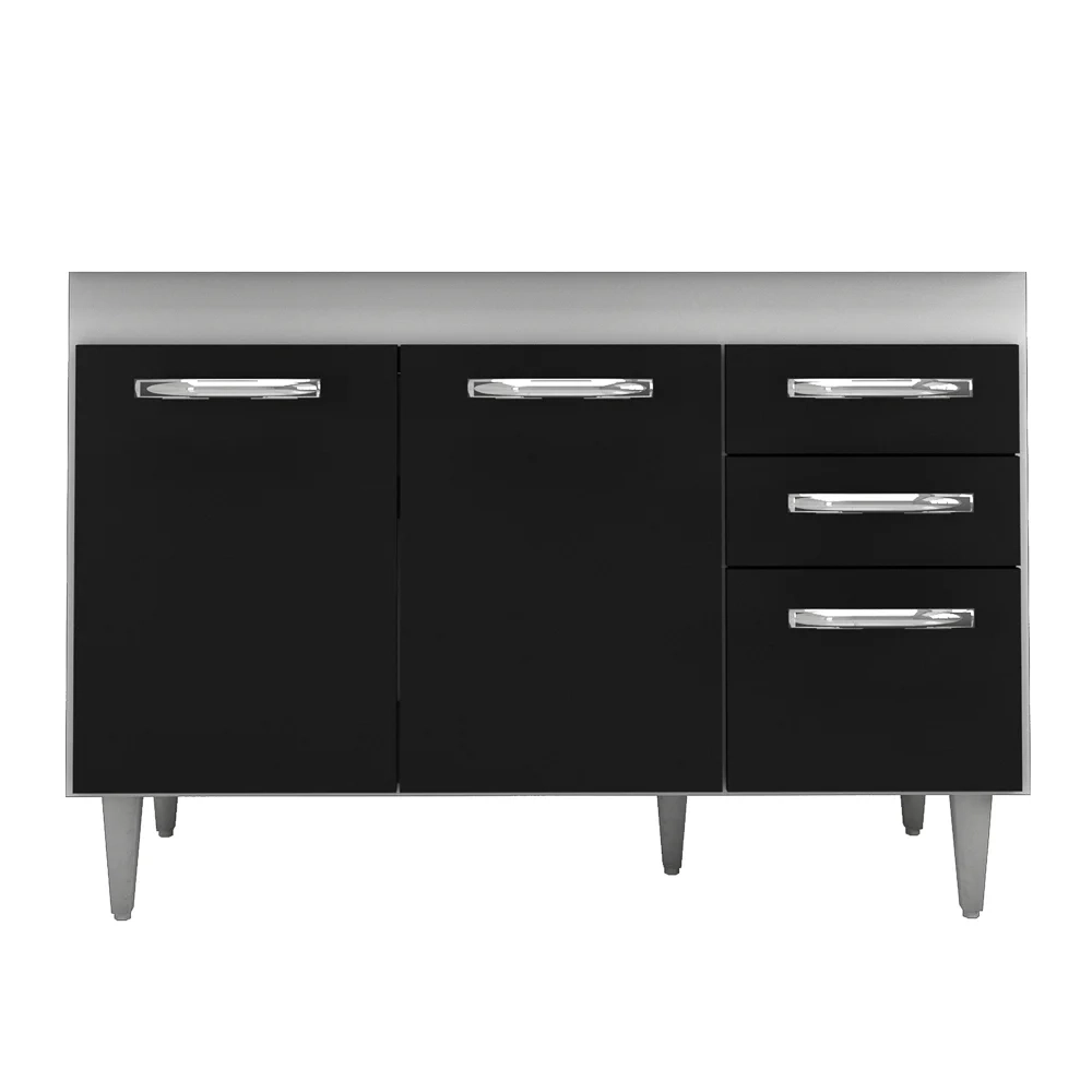 Balcão Gabinete Para Pia 120cm Suécia 3 Portas 2 Gavetas sem Tampo Branco/Preto - Lumil Móveis