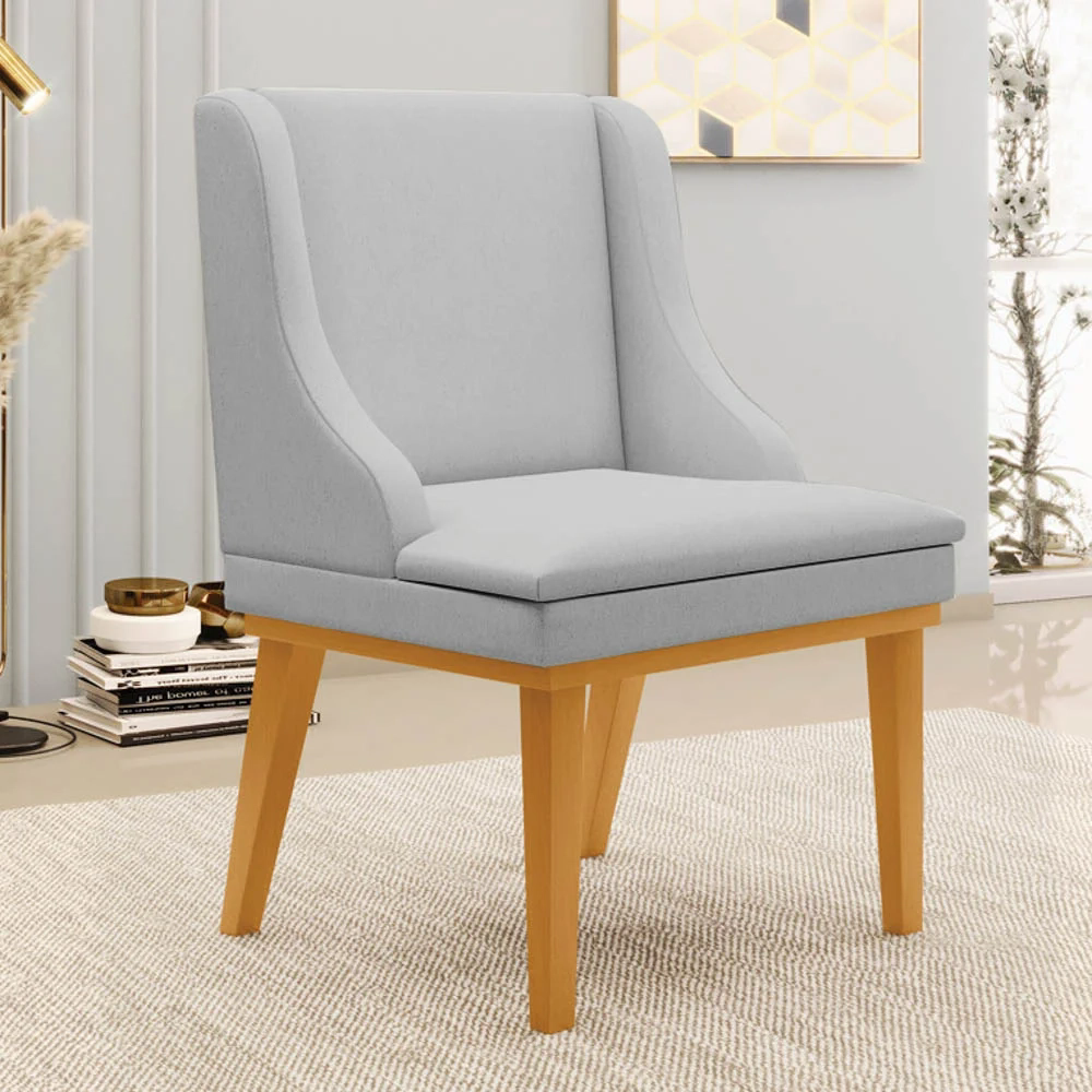 Cadeira Estofada para Sala de Jantar Base Fixa de Madeira Castanho Lia Linho Cinza - Ibiza