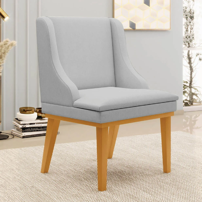 Cadeira Estofada para Sala de Jantar Base Fixa de Madeira Castanho Lia Linho Cinza - Ibiza