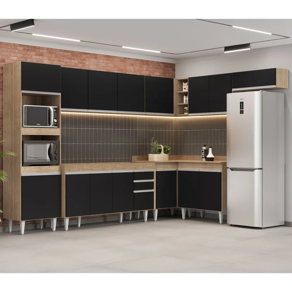 Armário de Cozinha Modulada de Canto 8 Peças CP07 Balcão Castanho/Preto - Lumil
