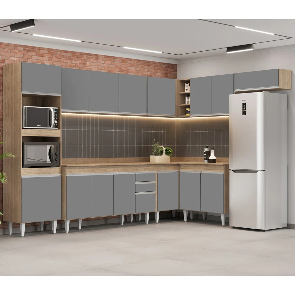 Armário de Cozinha Modulada de Canto 8 Peças CP08 Balcão com Tampo Castanho/Cinza - Lumil