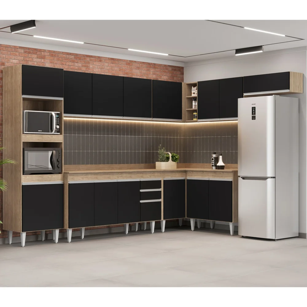 Armário de Cozinha Modulada de Canto 8 Peças CP08 Balcão com Tampo Castanho/Preto - Lumil
