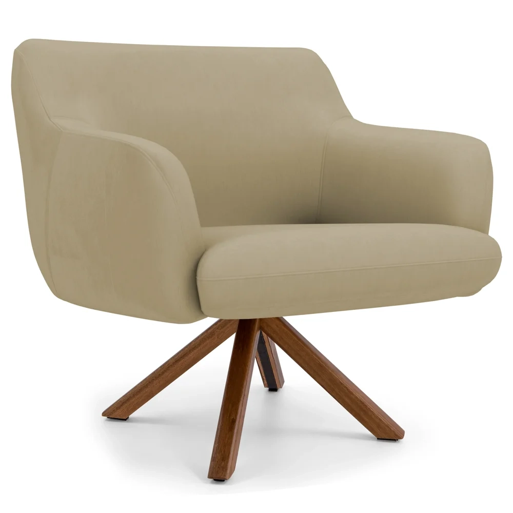 Poltrona Decorativa Giratória Base Giromad Madeira Jade Veludo C-68 Bege - Domi