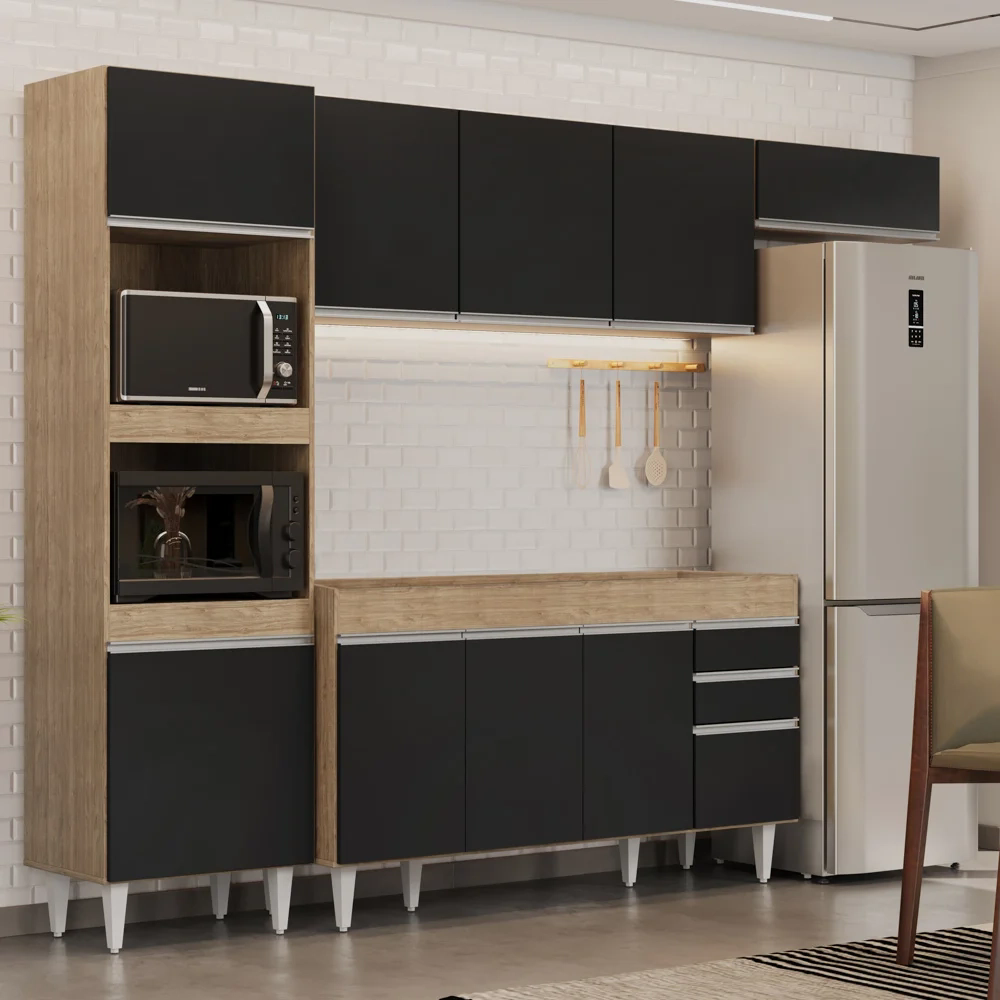 Armário de Cozinha Modulada 4 Peças CP10 Balcão Castanho/Preto - Lumil