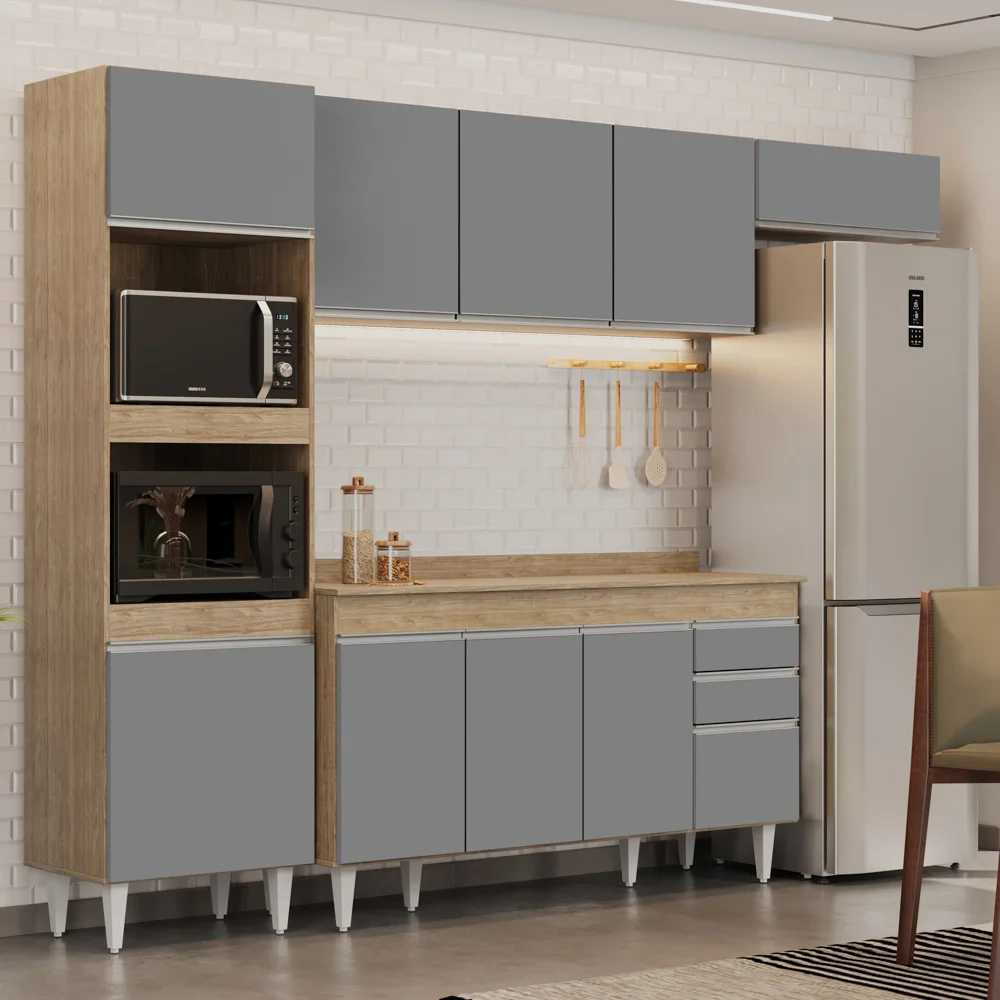 Armário de Cozinha Modulada 4 Peças CP11 Balcão com Tampo Castanho/Cinza - Lumil