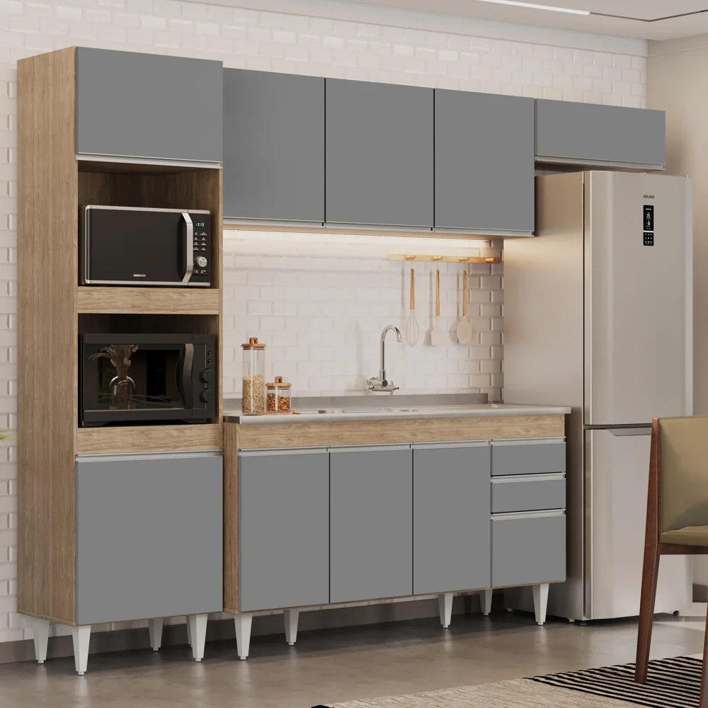 Armário de Cozinha Modulada 4 Peças CP12 Balcão com Pia Inox Castanho/Cinza - Lumil