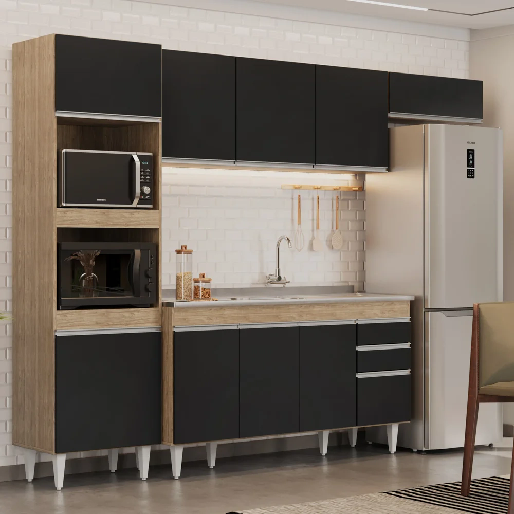 Armário de Cozinha Modulada 4 Peças CP12 Balcão com Pia Inox Castanho/Preto - Lumil