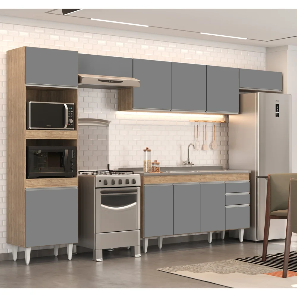 Armário de Cozinha Modulada 5 Peças CP15 Balcão com Pia Inox Castanho/Cinza - Lumil