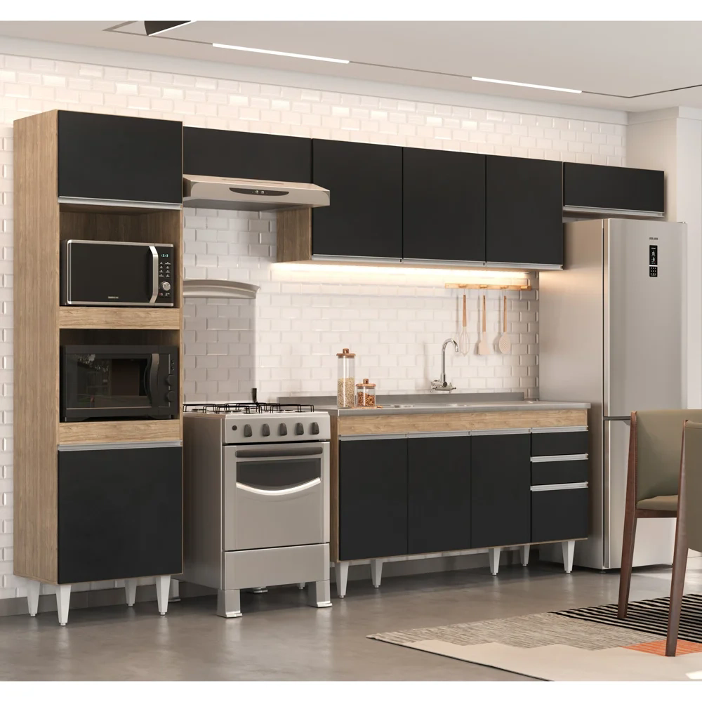 Armário de Cozinha Modulada 5 Peças CP15 Balcão com Pia Inox Castanho/Preto - Lumil