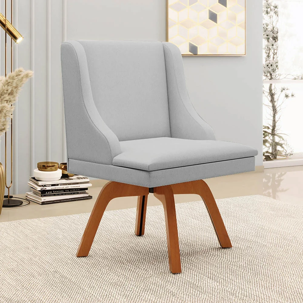 Cadeira Estofada para Sala de Jantar Base Giratória de Madeira Lia Linho Cinza - Ibiza