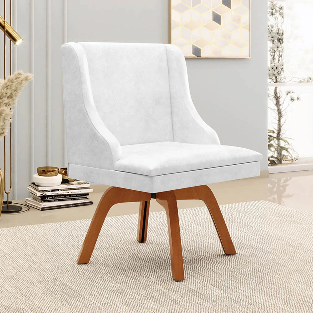 Cadeira Estofada para Sala de Jantar Base Giratória de Madeira Lia Sintético Premium Branco - Ibiza