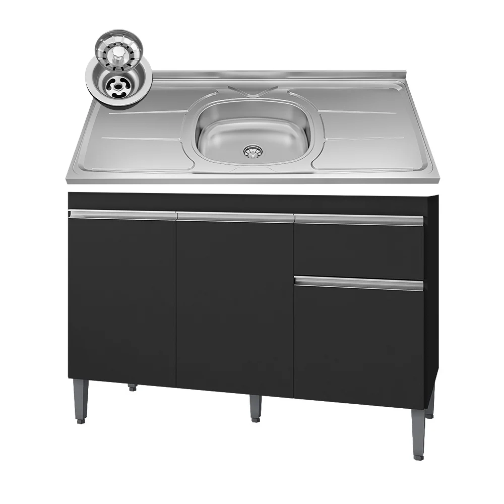 Balcão Gabinete Com Pia Inox 120cm 3 Portas e 1 Gaveta Tatiane Preto - AJL Móveis