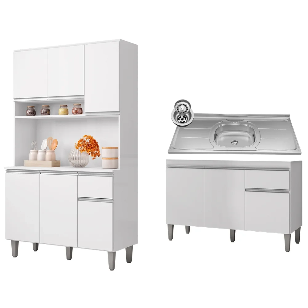 Cozinha Compacta Márcia e Balcão Gabinete Com Pia Tatiane 120cm Branco - AJL Móveis