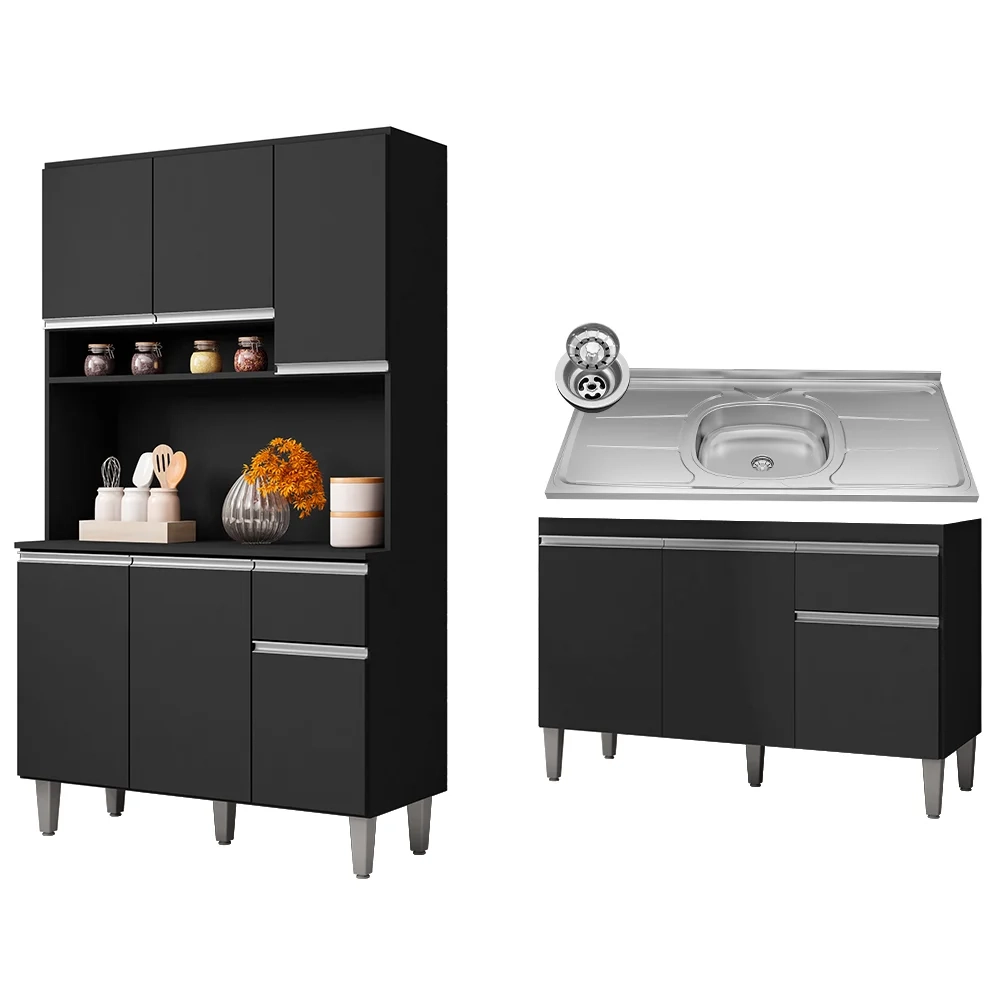 Cozinha Compacta Márcia e Balcão Gabinete Com Pia Tatiane 120cm Preto - AJL Móveis