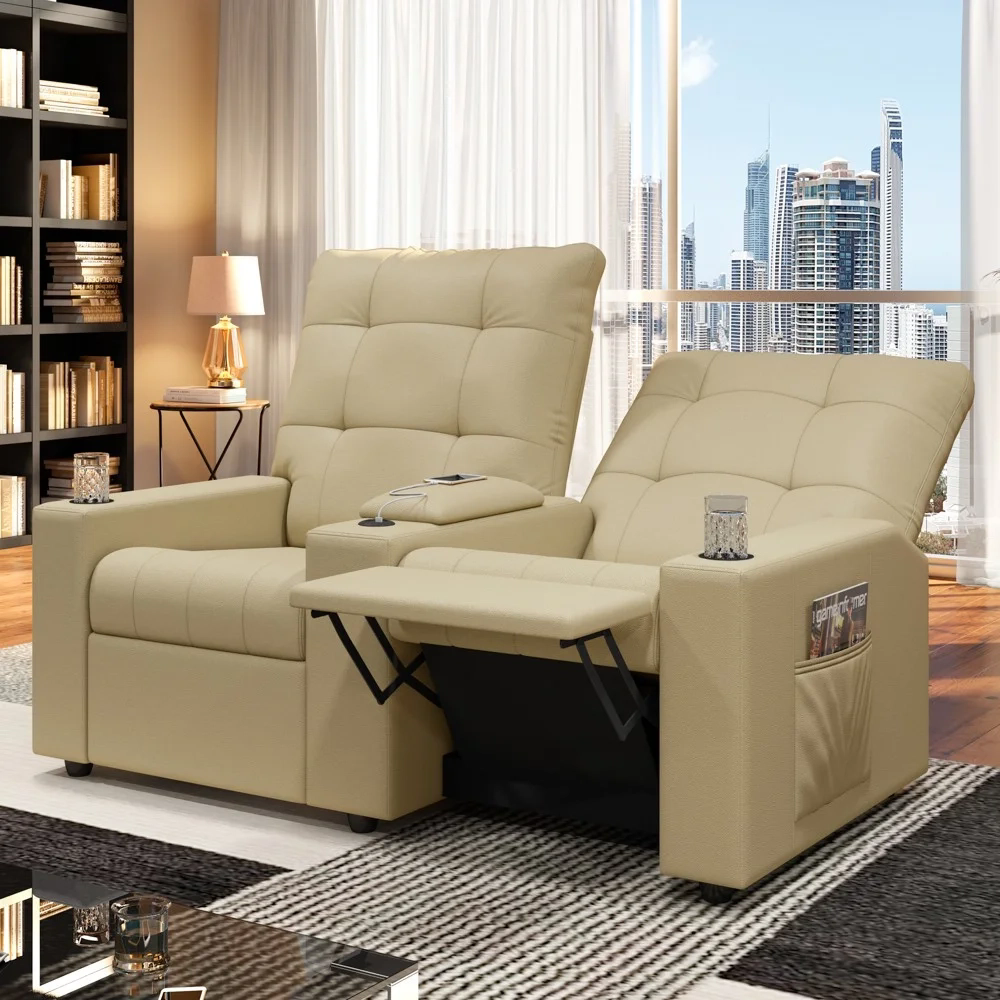 Poltrona de Cinema Reclinável 2 Lugares Baú USB Mallie FH9 PU Bege - Mpozenato