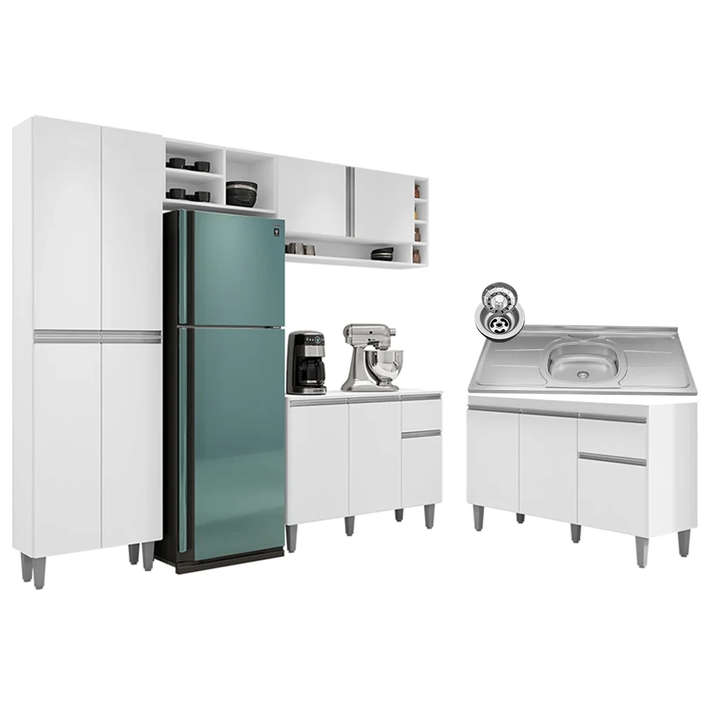 Cozinha Compacta Vanessa e Balcão Gabinete Com Pia Tatiane 120cm Branco - AJL Móveis