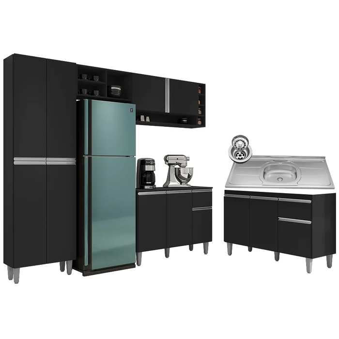 Cozinha Compacta Vanessa e Balcão Gabinete Com Pia Tatiane 120cm Preto - AJL Móveis