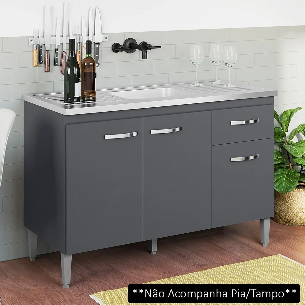 Balcão Gabinete Para Pia Sem Tampo 120cm 3 Portas e 1 Gaveta Gabriela Cinza - AJL Móveis