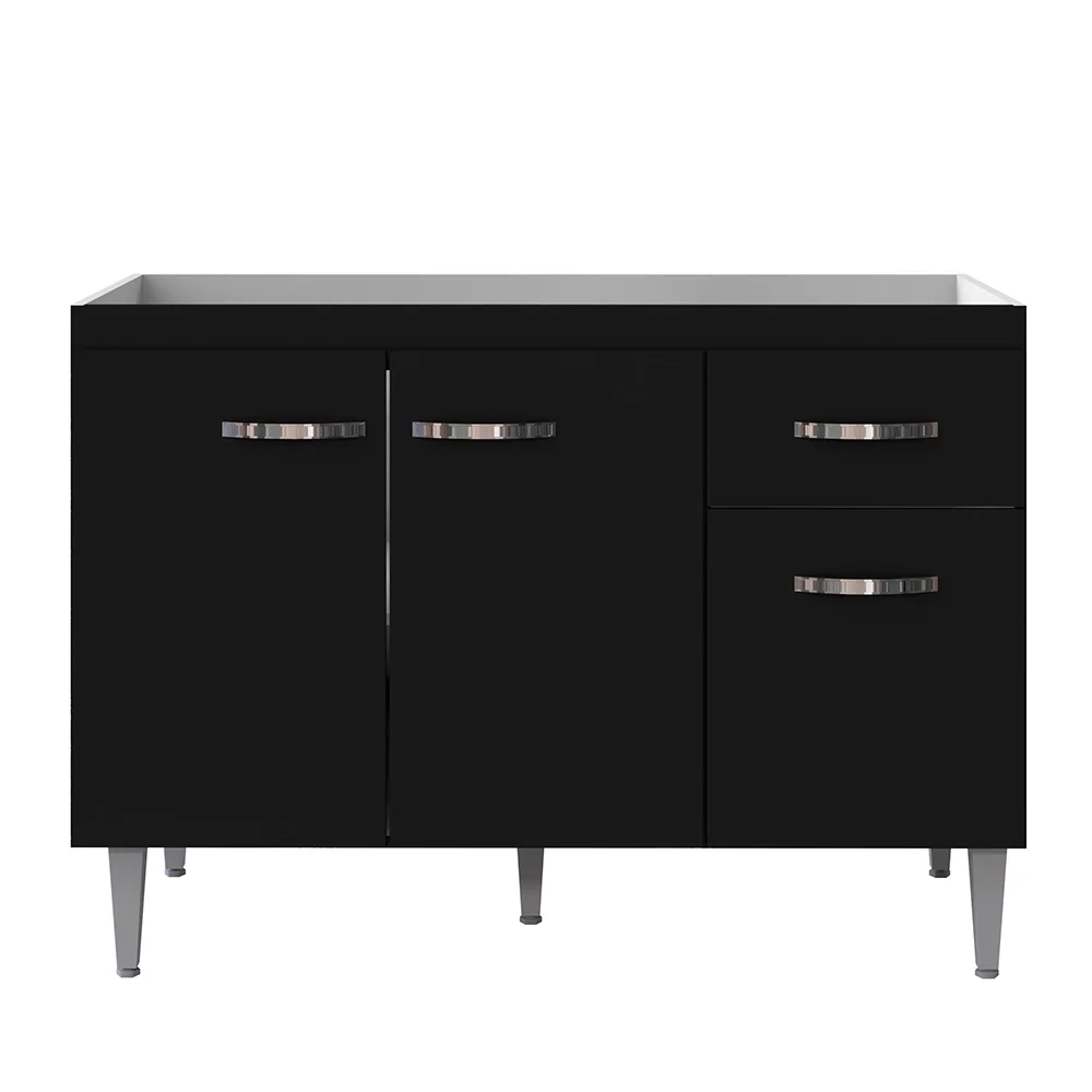 Balcão Gabinete Para Pia Sem Tampo 120cm 3 Portas e 1 Gaveta Gabriela Preto - AJL Móveis