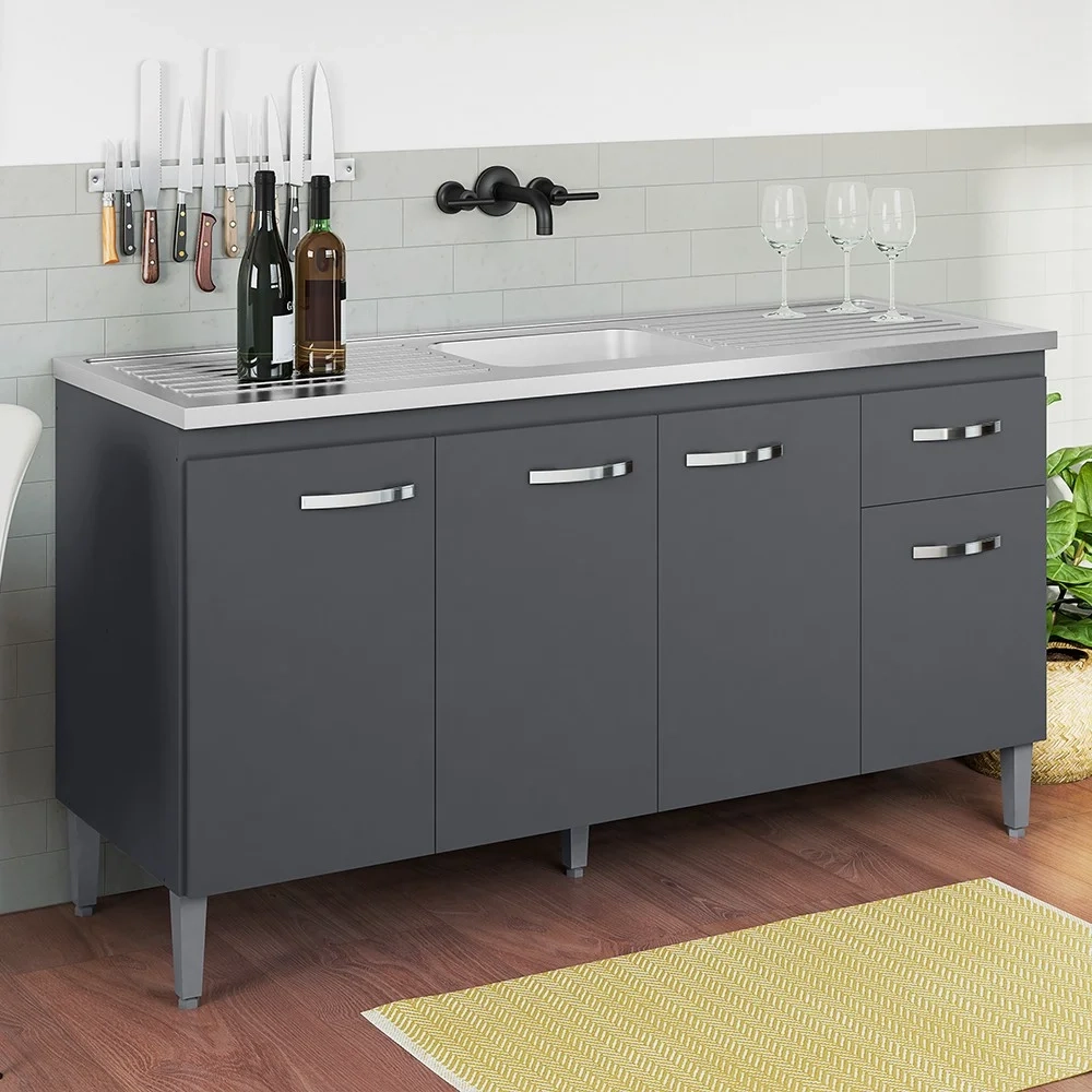 Balcão Gabinete Com Pia Inox 150cm 4 Portas e 1 Gaveta Gabriela Cinza - AJL Móveis