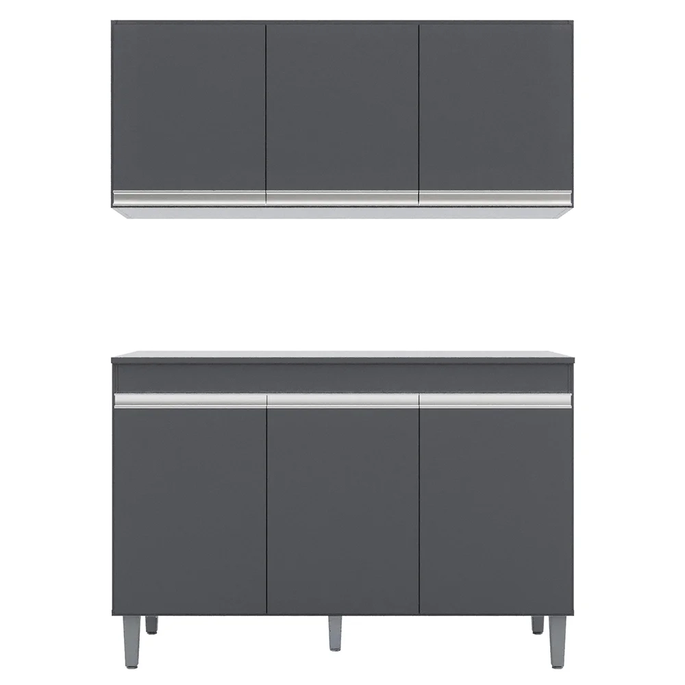 Armário Aéreo Andréia e Balcão Gabinete Para Pia Com Tampo Manu 120cm Cinza - AJL Móveis