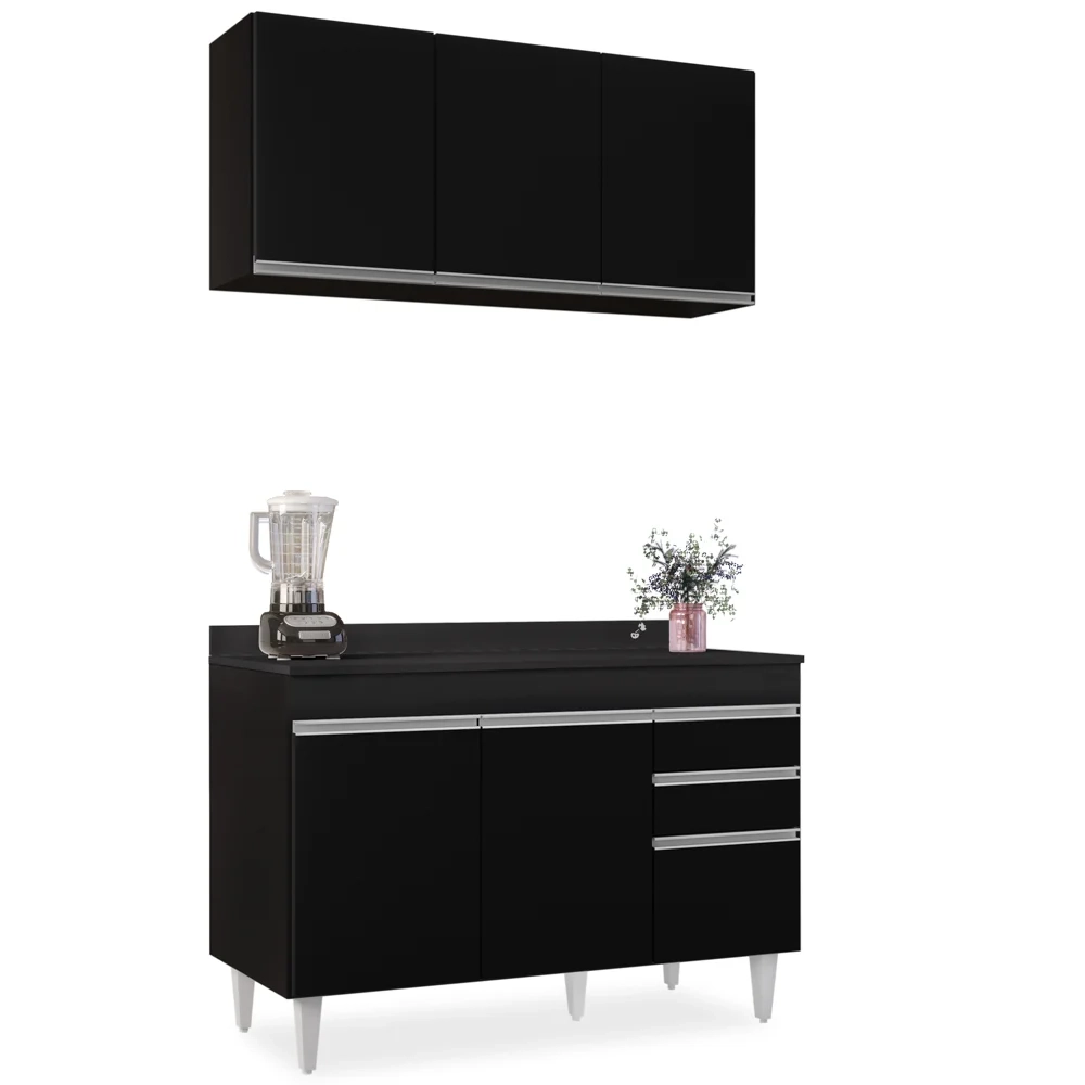 Armário Virgínia e Balcão com Tampo Michigan 120cm Preto - Lumil