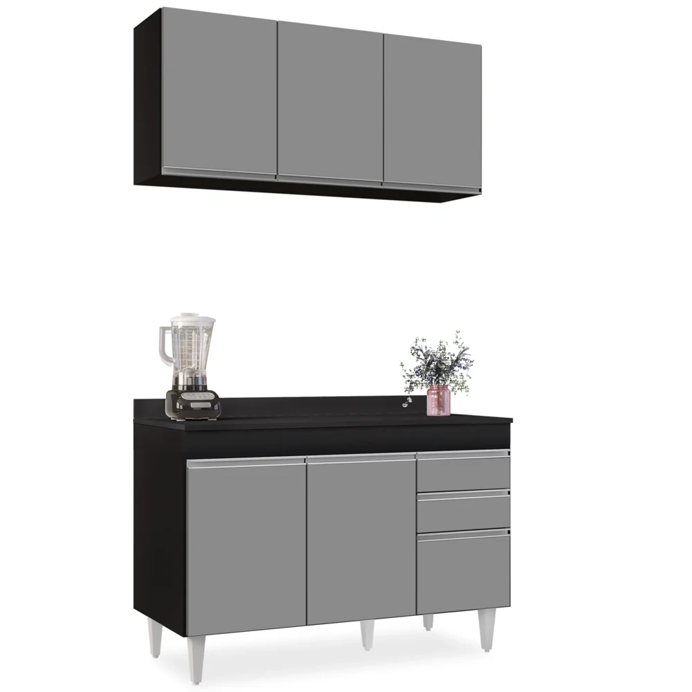 Armário Virgínia e Balcão com Tampo Michigan 120cm Preto/Cinza - Lumil