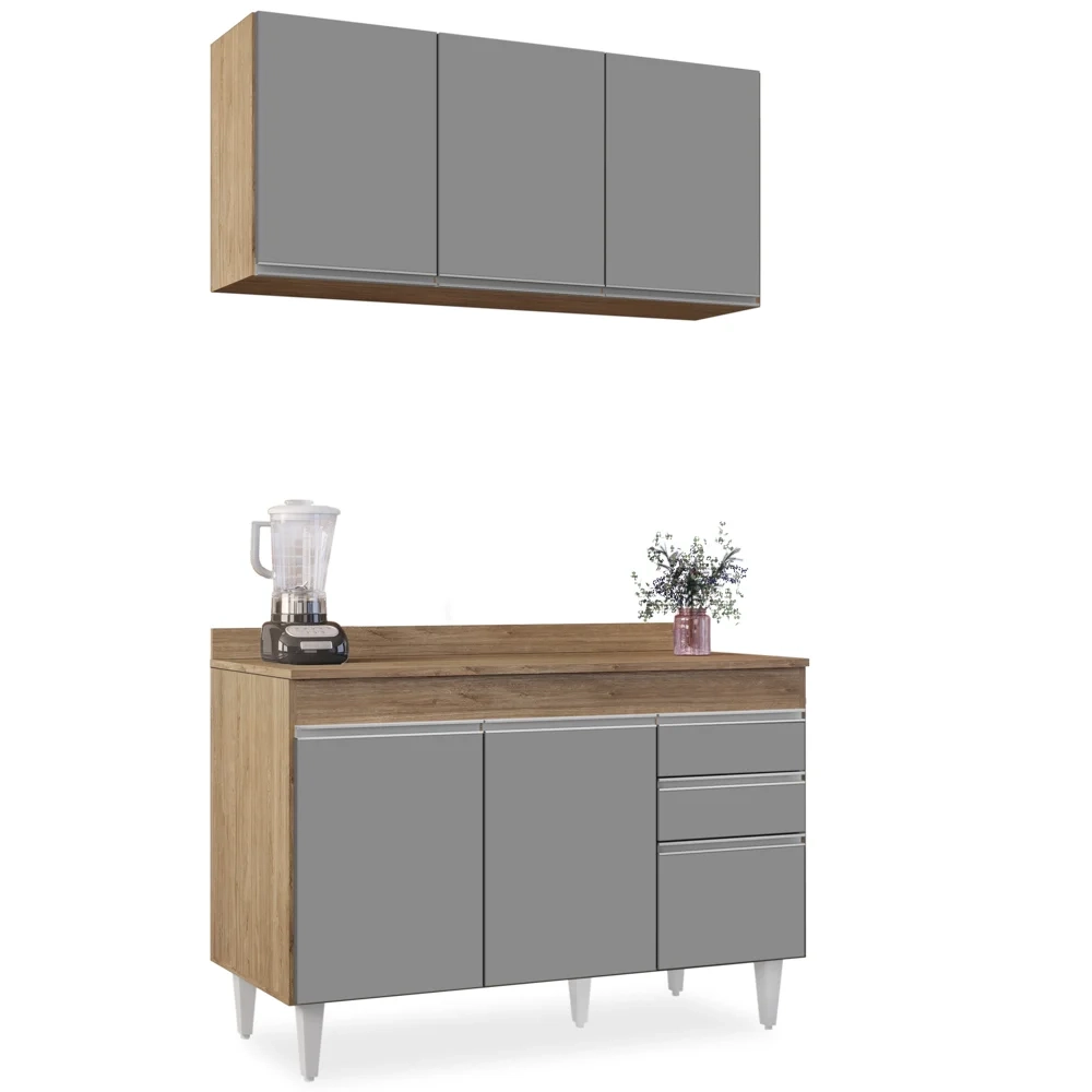 Armário Virgínia e Balcão com Tampo Michigan 120cm Castanho/Cinza - Lumil