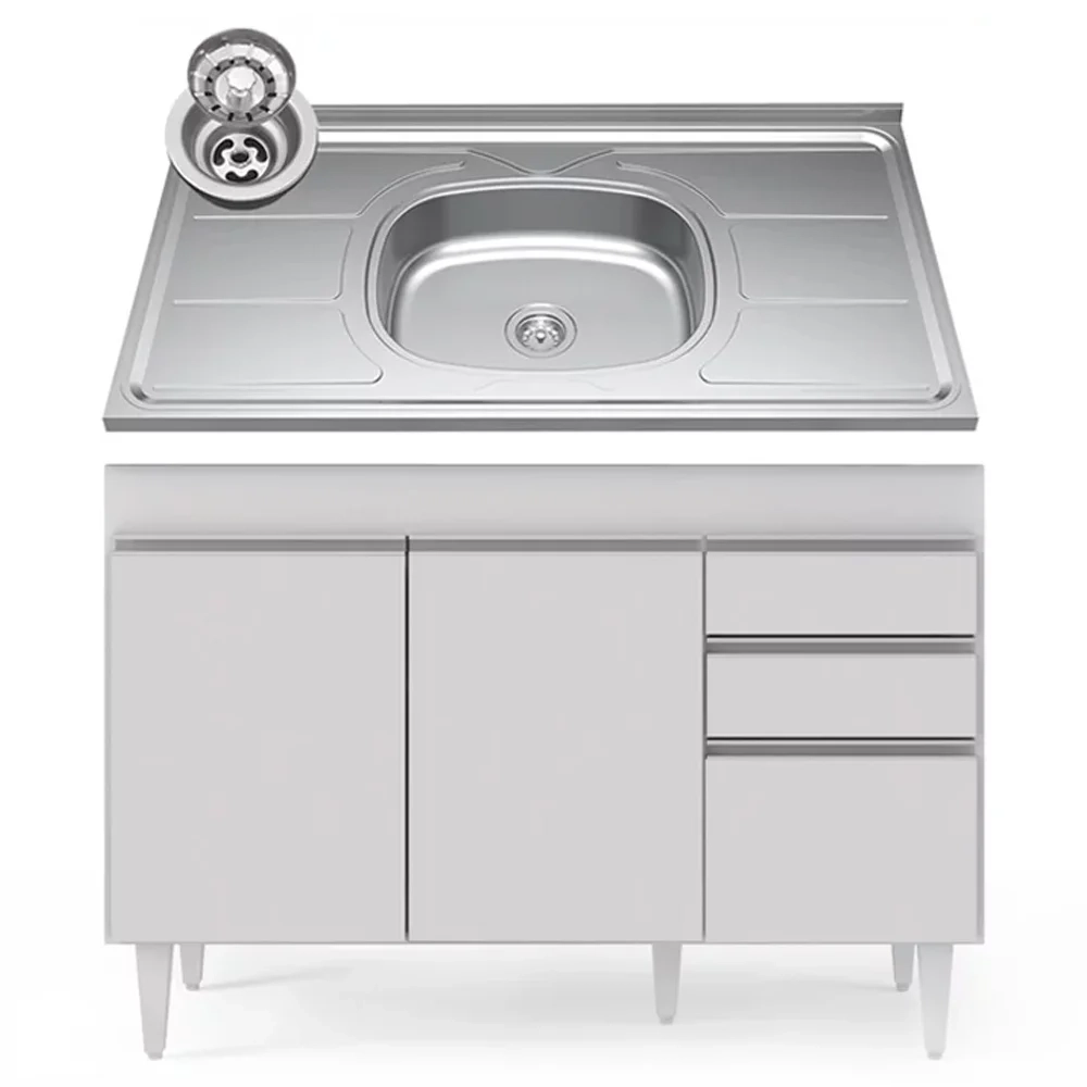Balcão Gabinete com Pia Inox 120cm Michigan Branco - Lumil