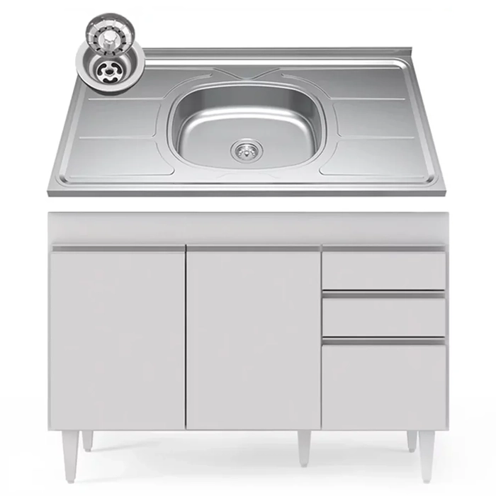 Balcão Gabinete com Pia Inox 120cm Michigan Branco - Lumil